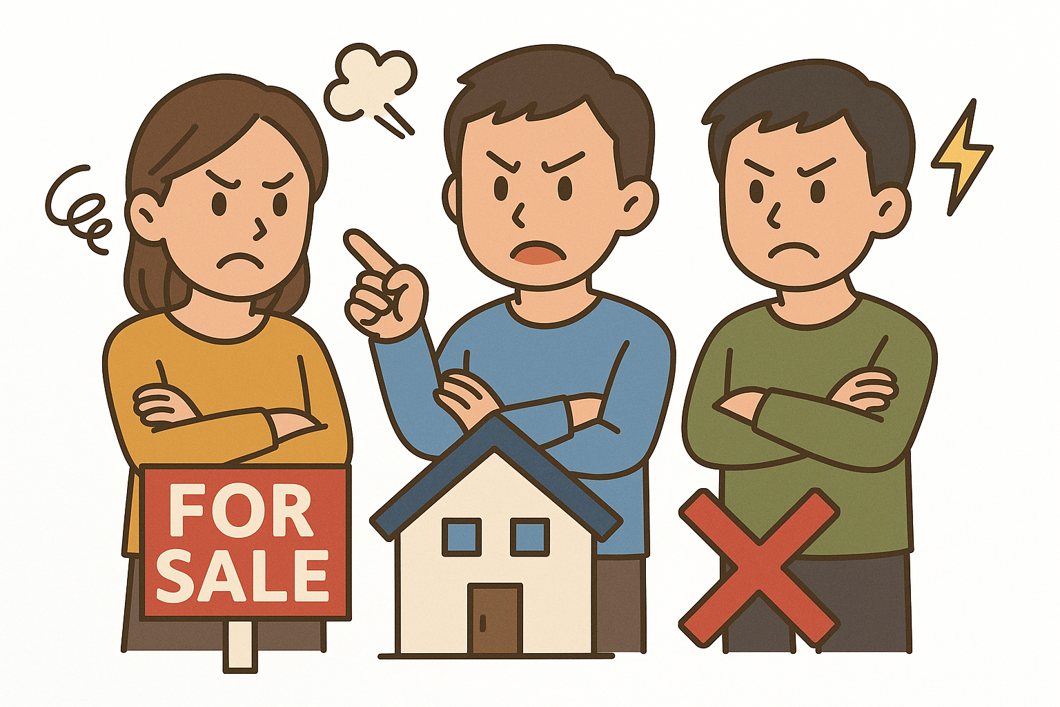 共有名義の不動産をめぐって兄弟が口論するイラスト(四日市市の相続トラブル事例)